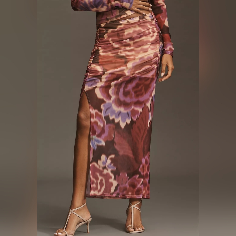 By Anthropologie Ruched Side-Slit Maxi Skirt, Size XL, Pink, NWT - Picture 2 of 11